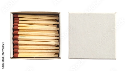 A close-up studio shot shows a matchbox open with a full load of matches and its empty counterpart