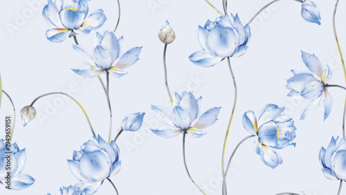 Floral seamless pattern featuring watercolor-style blue lotus flowers and buds on slender stems on a pale blue background