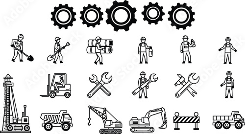 Construction and industrial worker line icons set with excavator crane forklift dump truck tools gears and safety equipment engineering industry symbols isolated