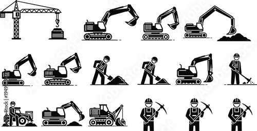 Construction equipment and worker icons set with crane excavator bulldozer digging tools and builders industrial engineering building industry symbols isolated vector illustration
