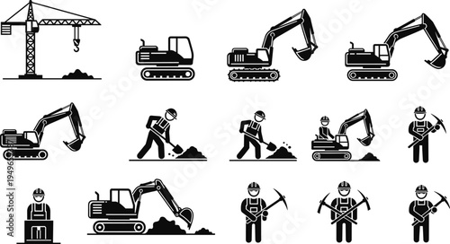 Construction icons set with excavator crane workers digging tools and heavy machinery equipment industrial engineering building industry symbols isolated vector illustration