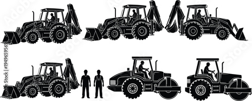 WebConstruction machinery silhouettes set with backhoe loader road roller tractor operators and workers heavy equipment industrial engineering construction industry concept isolated