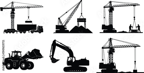 Construction machinery silhouettes with tower cranes excavator loader and truck lifting materials representing heavy equipment engineering infrastructure development industrial building site concept