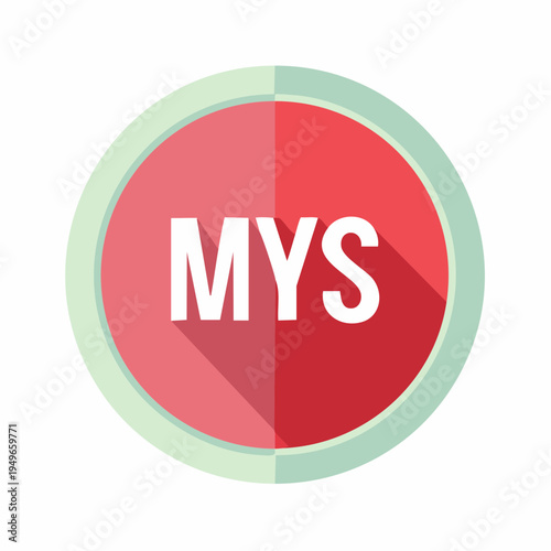 Red button with the letters MYS, flat design