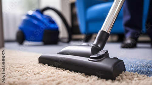 Man cleaning dirty office carpet with blue vacuum cleaner in close up

