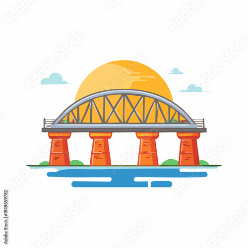 Cartoon illustration of a railway bridge at sunset with simple clouds and water elements.