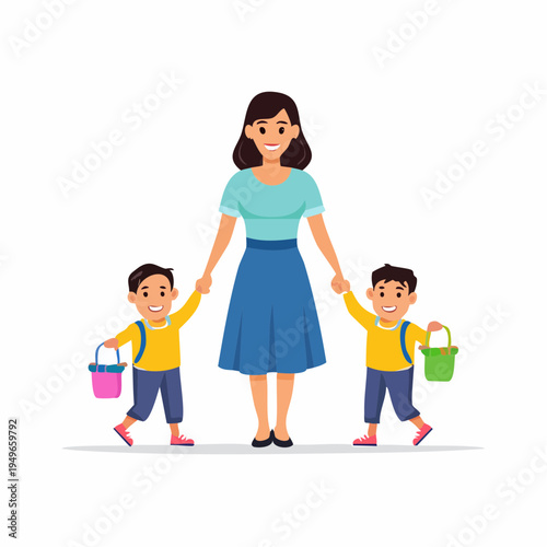 Mother with two young children holding hands and carrying colorful buckets, smiling together.