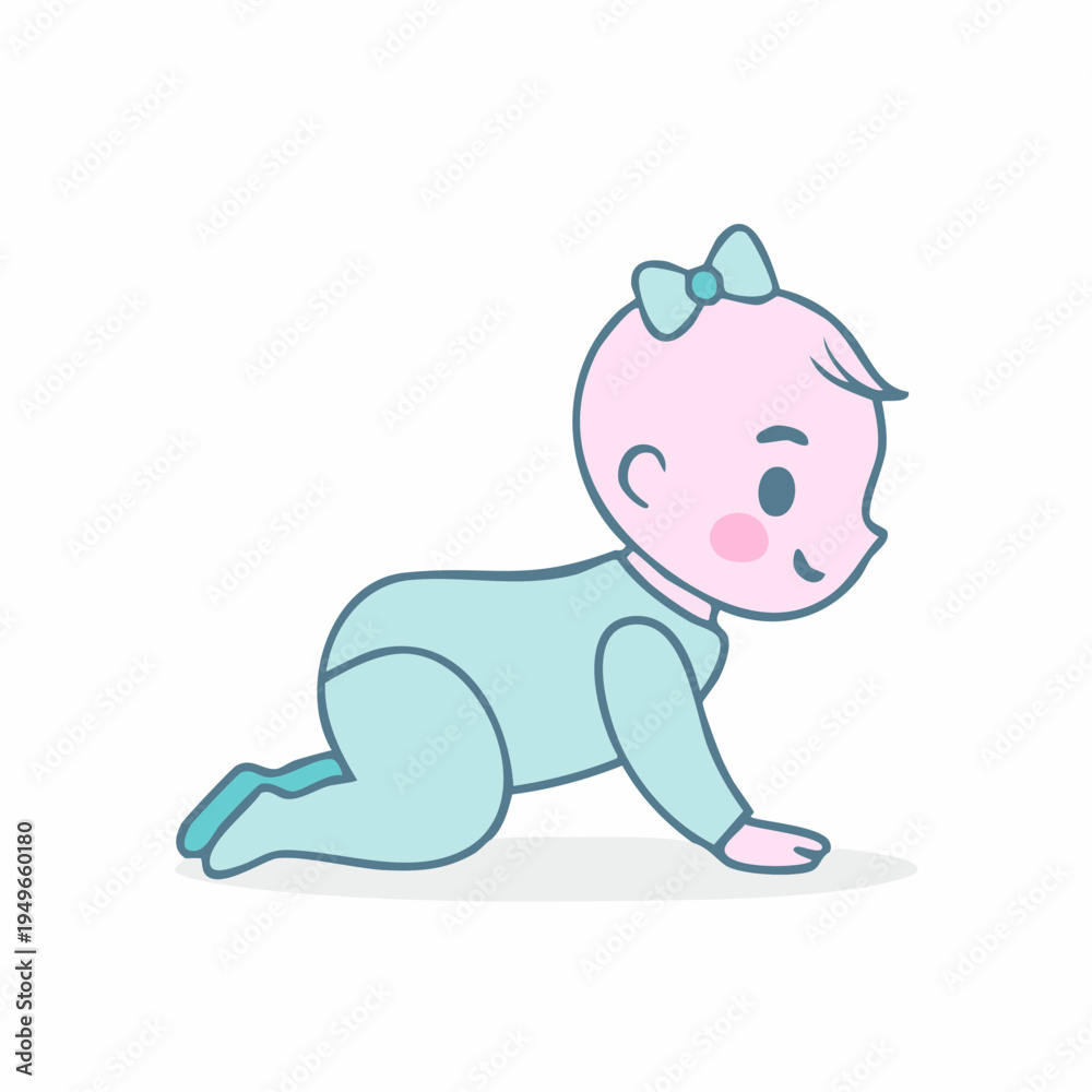Obraz premium Cartoon illustration of a baby girl crawling in a cute blue outfit