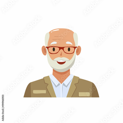 Smiling elderly man wearing glasses and a blazer in a flat illustration style