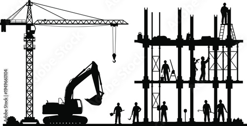 Construction site silhouette with tower crane excavator and workers building reinforced concrete structure industrial engineering infrastructure development teamwork concept isolated background