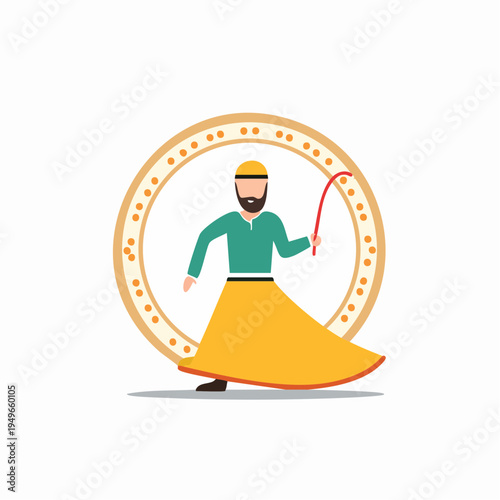 Illustration of a whirling dervish figure with a whip inside a decorated circular frame