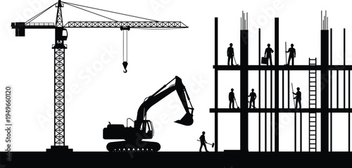 Construction site silhouette with tower crane excavator and workers building multi level concrete structure industrial engineering teamwork infrastructure development concept isolated background
