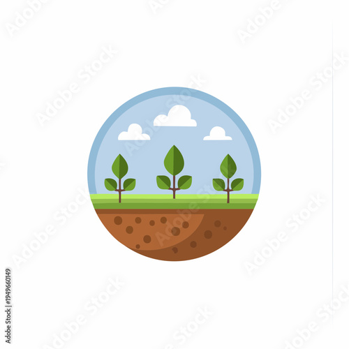 Illustration of three green trees growing on grassy land in a round frame with blue sky and clouds.