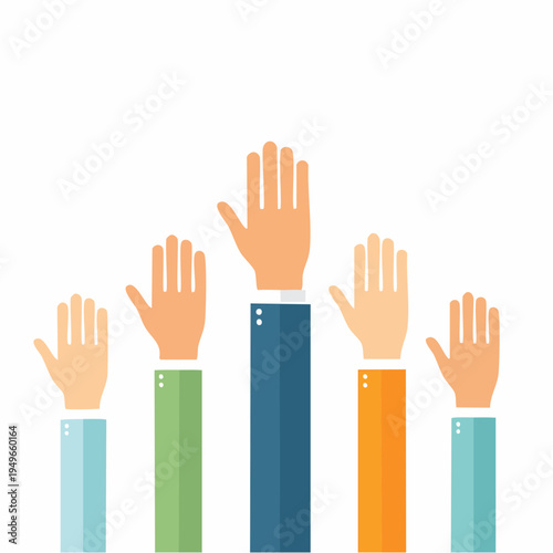 Hands raised, stylized illustration of different colored sleeves and arms in flat design.