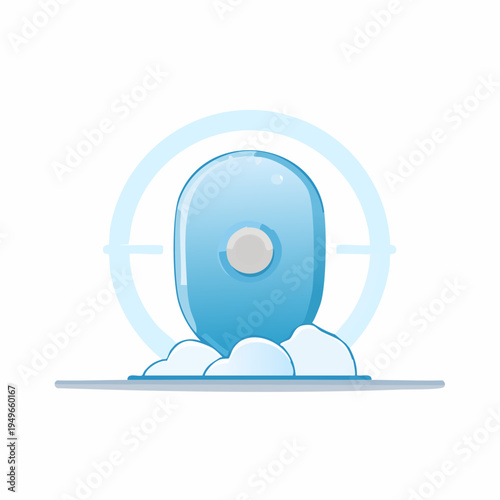 Abstract illustration of a location marker, featuring a blue pin, and a white smoke cloud.