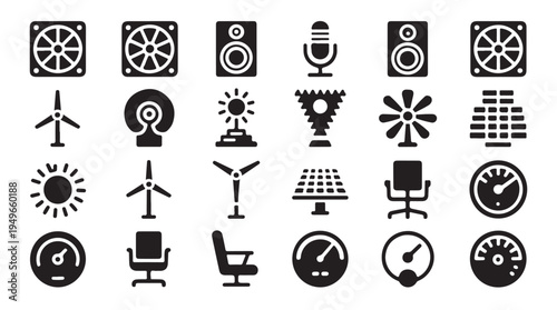 Modern hardware components and green energy icons collection for industrial system interface