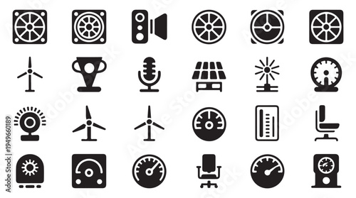 Industrial ventilation and energy measurement icons set for engineering and power monitoring