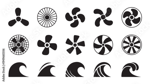 Variety of fan designs and wave symbols for air flow and natural water elements
