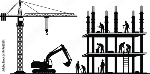 Construction site silhouette with tower crane excavator and workers building reinforced concrete structure industrial engineering teamwork heavy machinery infrastructure 