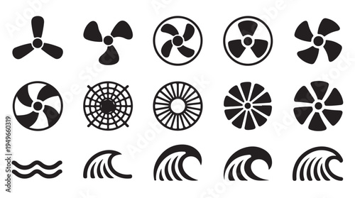 Assortment of rotating fan blades and wave graphics for movement and water themes