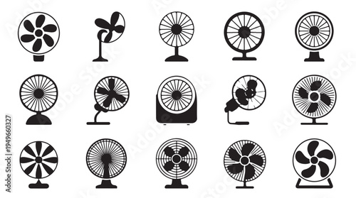 Industrial and domestic fan icons collection featuring multiple blade designs and vent styles