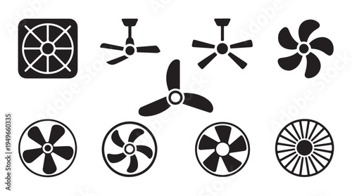 Graphic set of cooling fan components and ceiling fixtures for interior climate control use