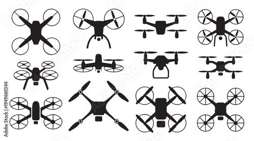 Unmanned aerial vehicle silhouettes displaying various drone designs and propeller placements