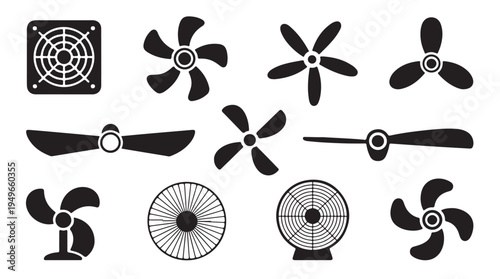Selection of black fan symbols including computer coolers propellers and square exhaust vents