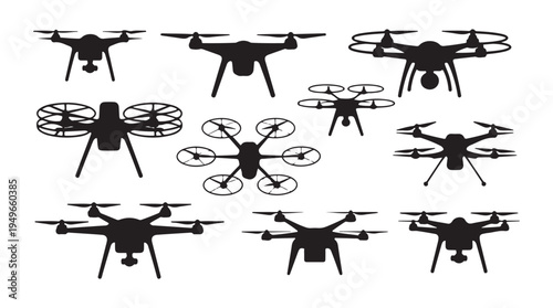 Drone quadcopter uav vector icon set for aerial photography and video shooting