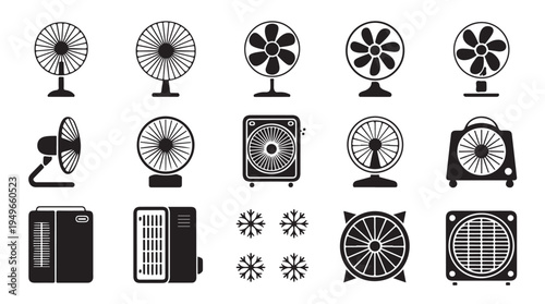 Air cooling fan icons set with table ventilators and floor blowers for summer heat isolation