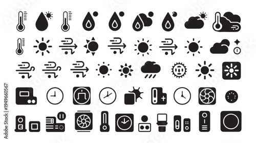 Weather forecast and climate control icons with thermometer sun cloud and wind speed symbols