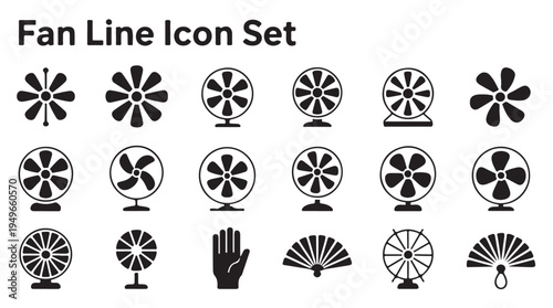 Fan line icon set featuring different ventilator blades and handheld folding paper fan style