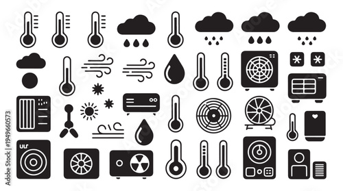 HVAC system and meteorology icons including air conditioners heaters and weather instruments