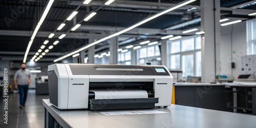 Advanced industrial printer machine operating in modern manufacturing facility representing technology productivity automation and precision equipment