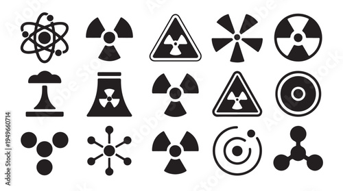 Nuclear radiation and atom symbols, cooling tower, atomic bomb mushroom cloud