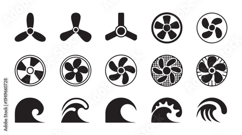 Fan blade and wave icons, propeller fans, wind flow, water elements