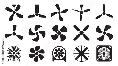 Ceiling fan, desk fan, tower fan, electric fan, fan unit icons