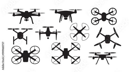 Drone quadcopter icons, aerial vehicle, flying machine, unmanned aircraft
