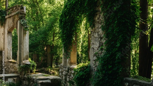 Overgrown stone ruins embraced by lush green vines in forest