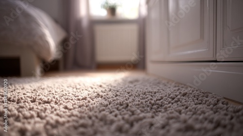 Close up of a soft plush textured neutral rug on the floor