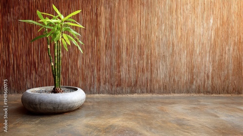 Plant in concrete pot against textured wall