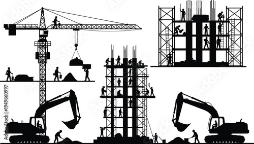 Construction site silhouettes with tower crane excavators workers and multi story building framework representing heavy machinery engineering teamwork infrastructure 