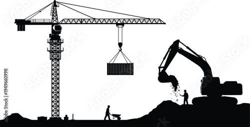 Construction site silhouettes with tower crane lifting container excavator digging soil and workers illustrating heavy machinery civil engineering infrastructure 