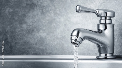 Polished chrome water tap dispensing a stream of pure liquid