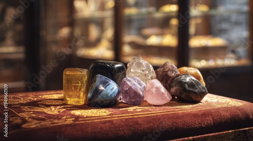 Collection of polished and rough gemstones displayed