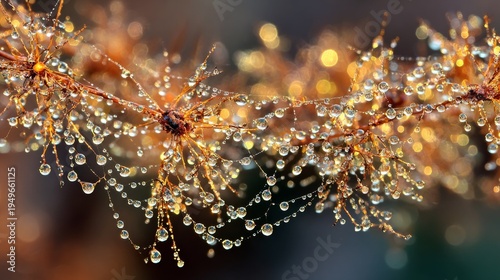 Delicate spiderweb strands covered in sparkling dewdrops