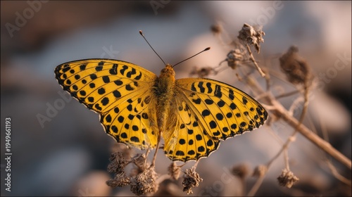 Yellow butterfly with black spots resting on dry plant