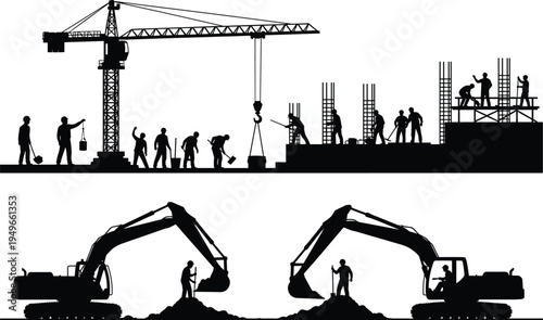 Construction site silhouettes with tower crane scaffolding workers and excavators digging soil heavy machinery industrial engineering infrastructure development building concept isolated background