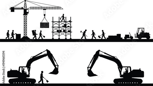 Construction site silhouettes with tower crane scaffolding workers excavators and heavy machinery operating on building site industrial engineering infrastructure development concept isolated