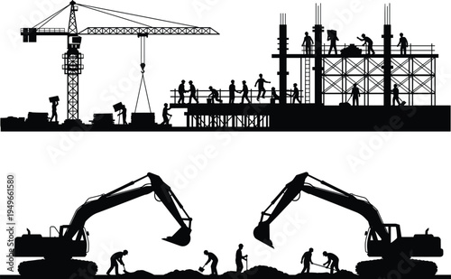 Construction site silhouettes with tower crane scaffolding workers and excavators digging soil heavy machinery industrial engineering infrastructure development building concept isolated background